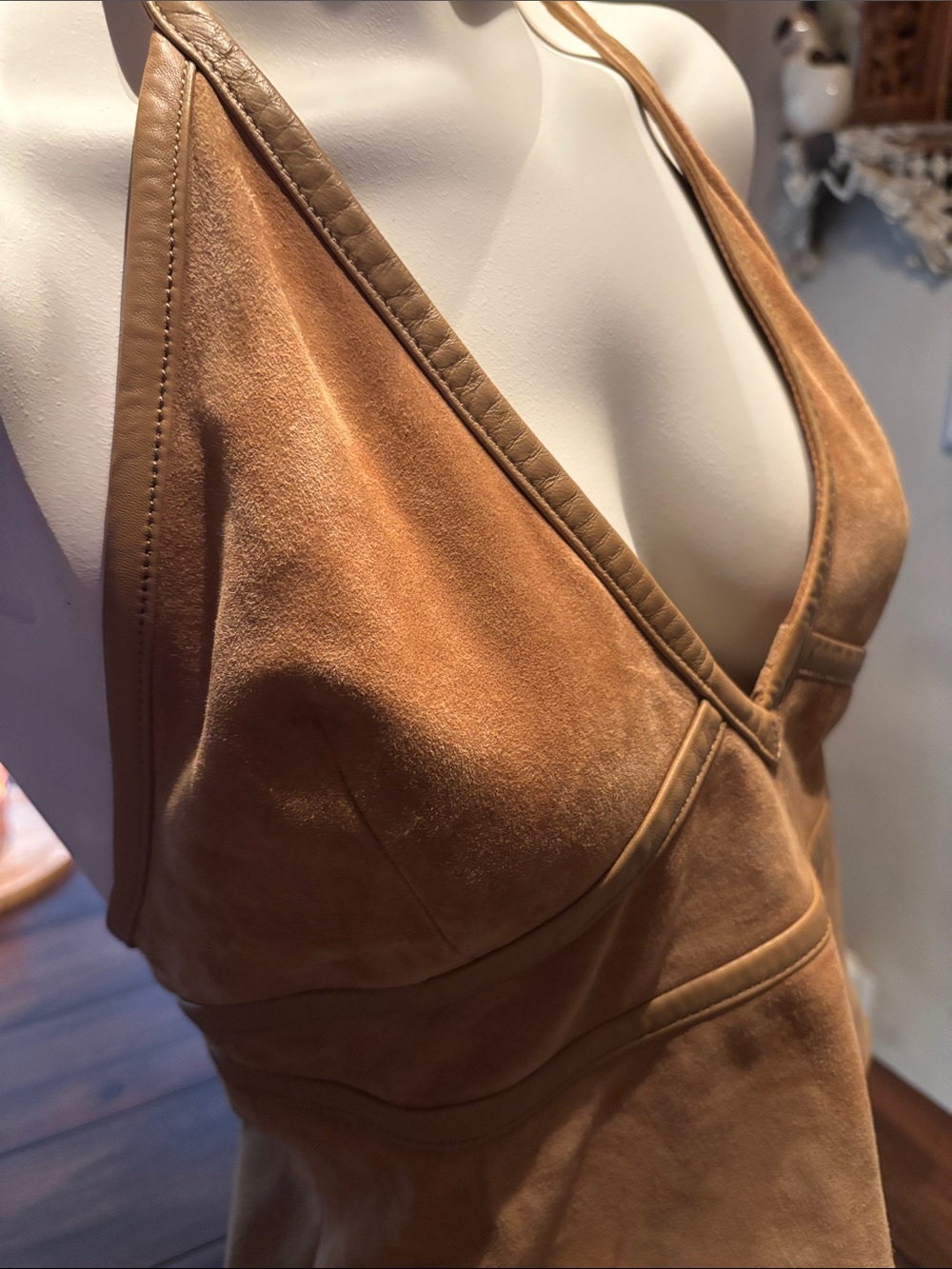 “Rare” Coach Suede Halter Peplum Top - Cognac - Picture 8 of 13